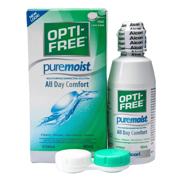 Opti-Free puremoist contact lens solution packaging and bottle on a white background