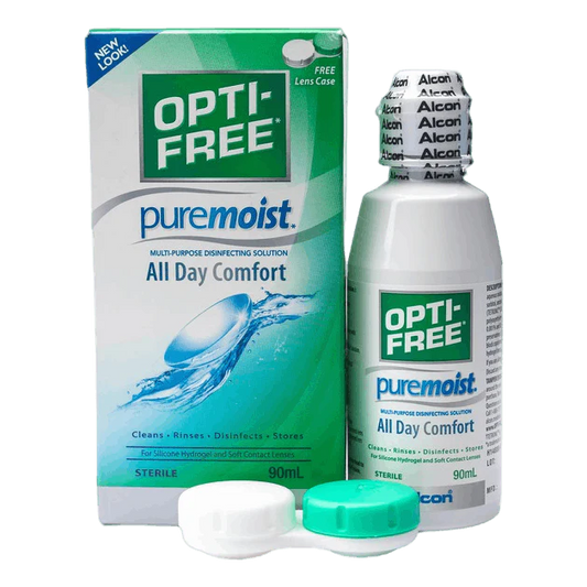 Opti-Free puremoist contact lens solution packaging and bottle on a white background